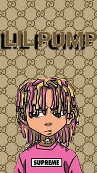 Caricatura de Lil Pump en Supreme contra fondo de Gucci