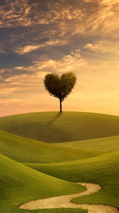 Herzförmiger Baum unter einem bunten Himmel