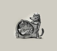 A whimsical illustration of a wolf with a human inside its belly, depicting an imaginative twist on classic storytelling themes.