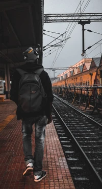 alone, railway, track, travel, walker wallpaper