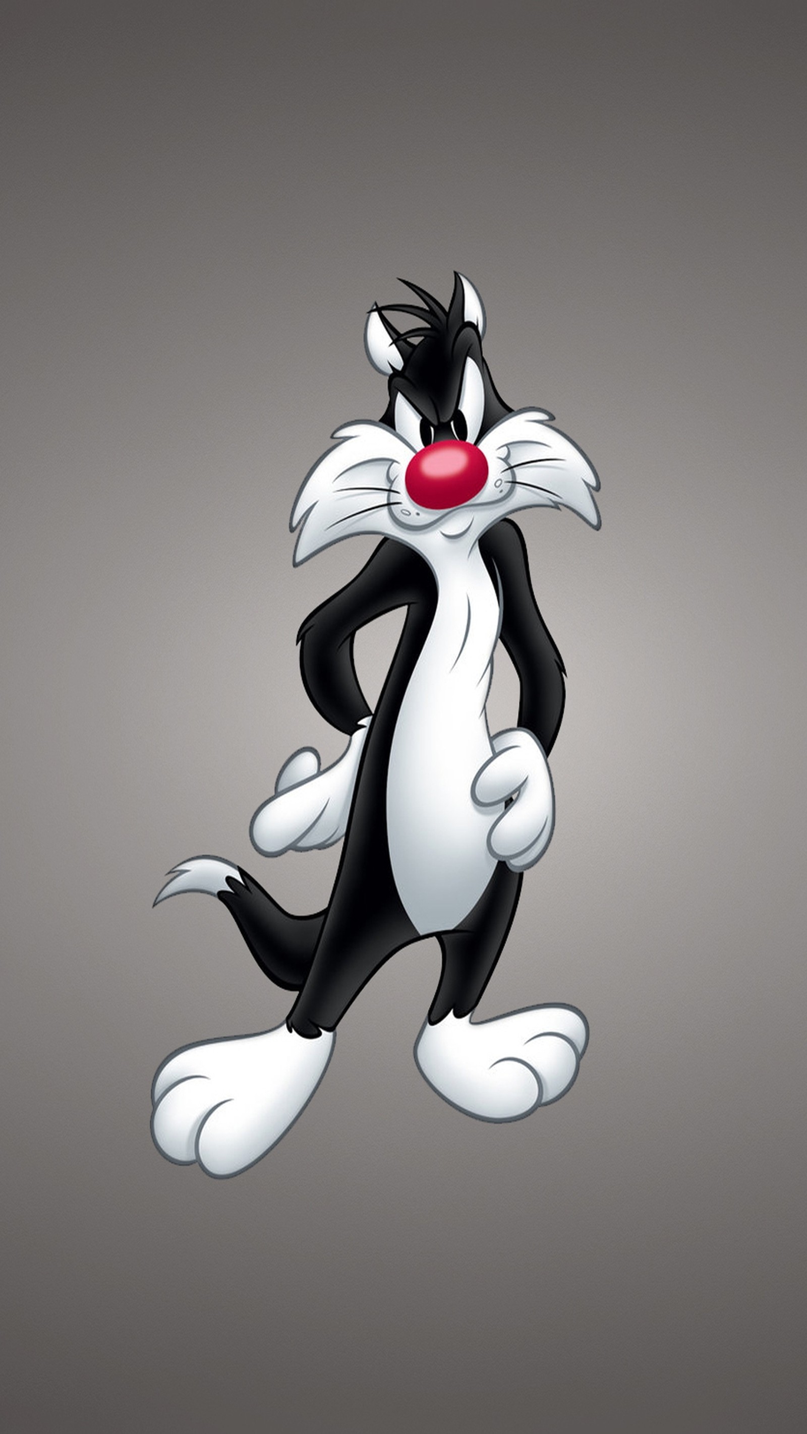 Un gato de dibujos animados con nariz roja y cola negra frente a un fondo gris (dibujos animados, cat, looney tunes, sylvester)