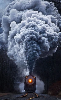 Vintage Locomotive Discharging Billowing Smoke Through Serene Nature