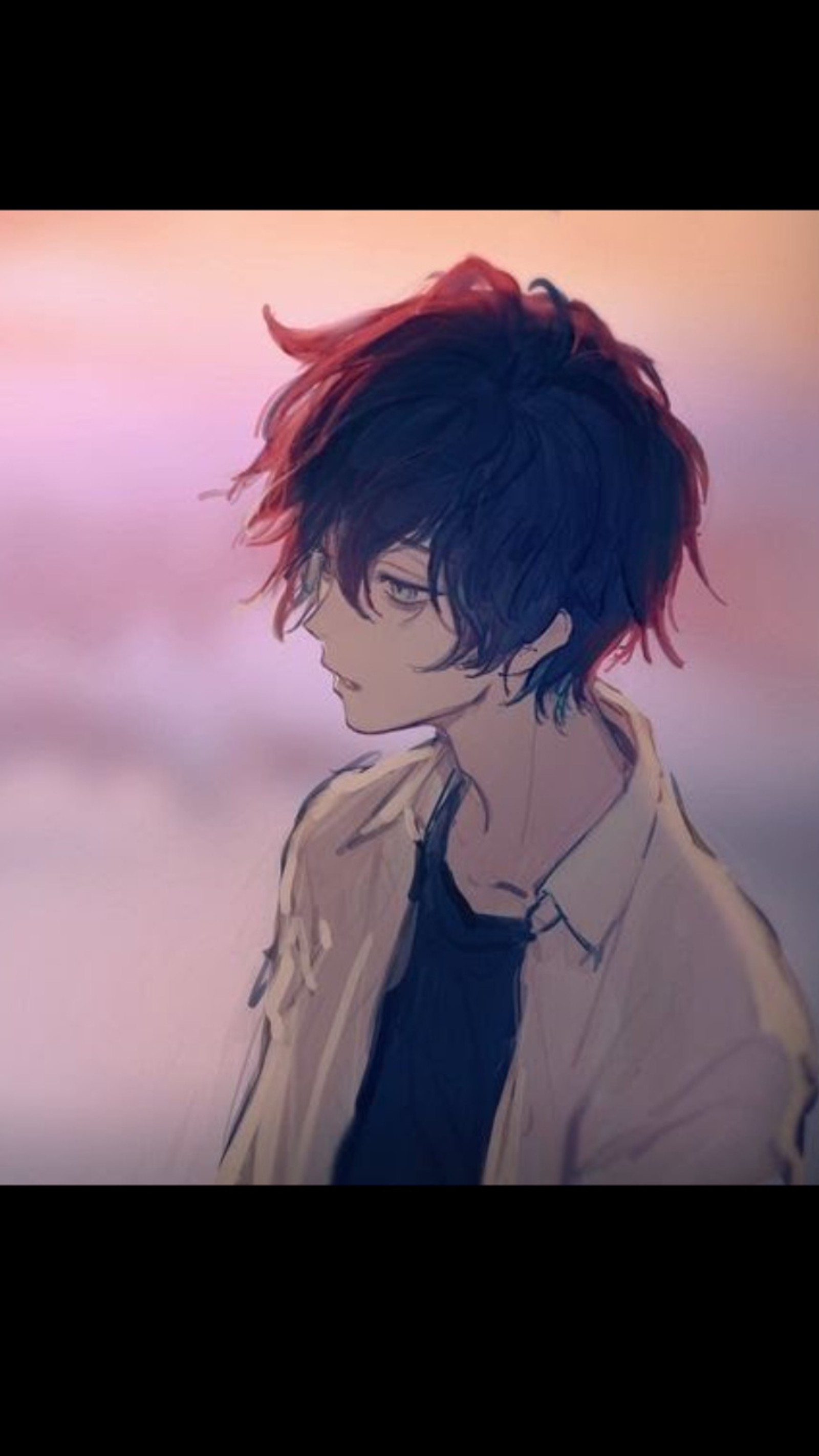 Anime boy with red hair and black shirt looking at the sky (anime, boy, calm, cute, drawing)