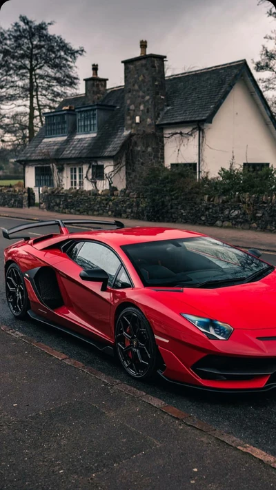 Roter Lamborghini Aventador SVJ vor einem Landhaus geparkt