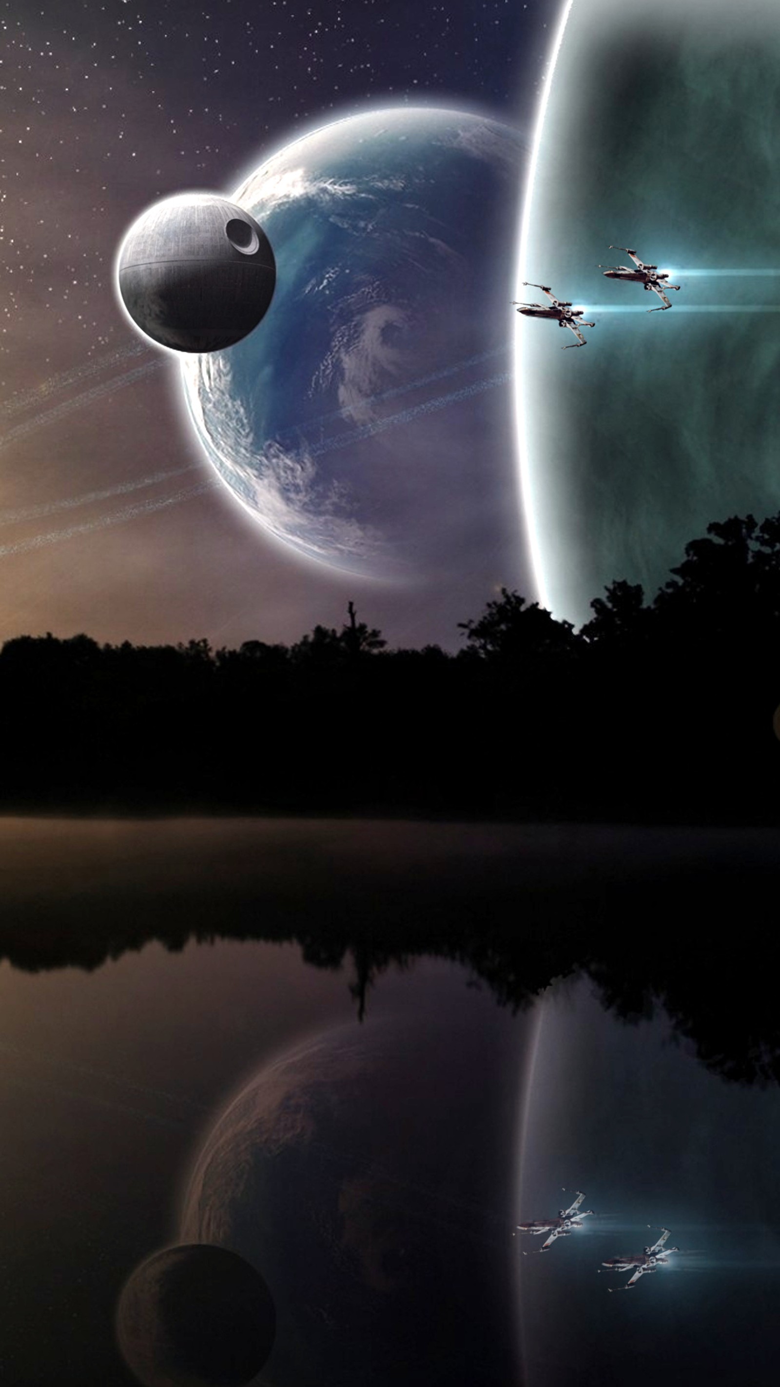 Spaceships flying over a lake with a planet in the background (black, moon, starwars, xwing)