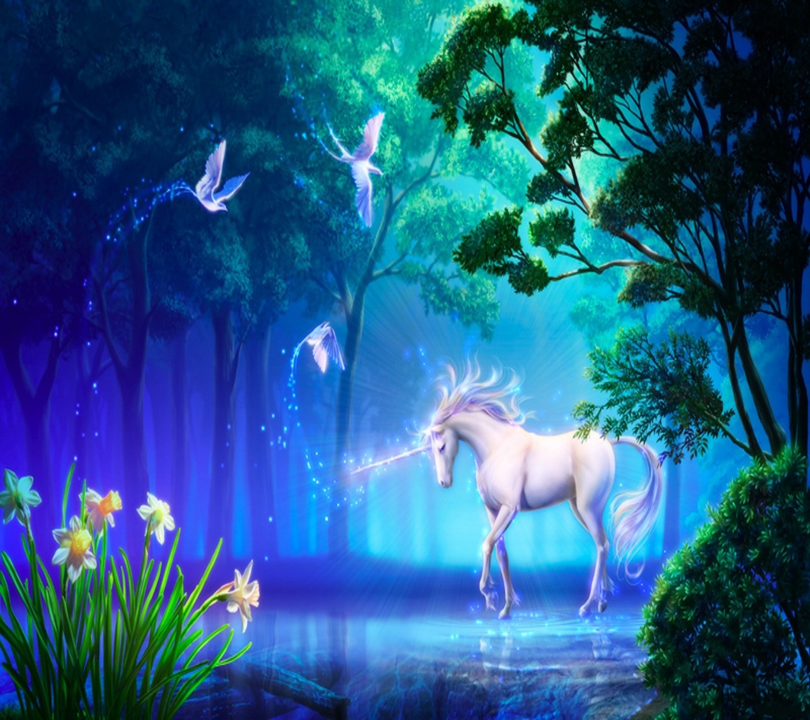 Unicornios en el bosque con un arroyo de agua y pájaros (tierra, magia, naturaleza, unicornio)