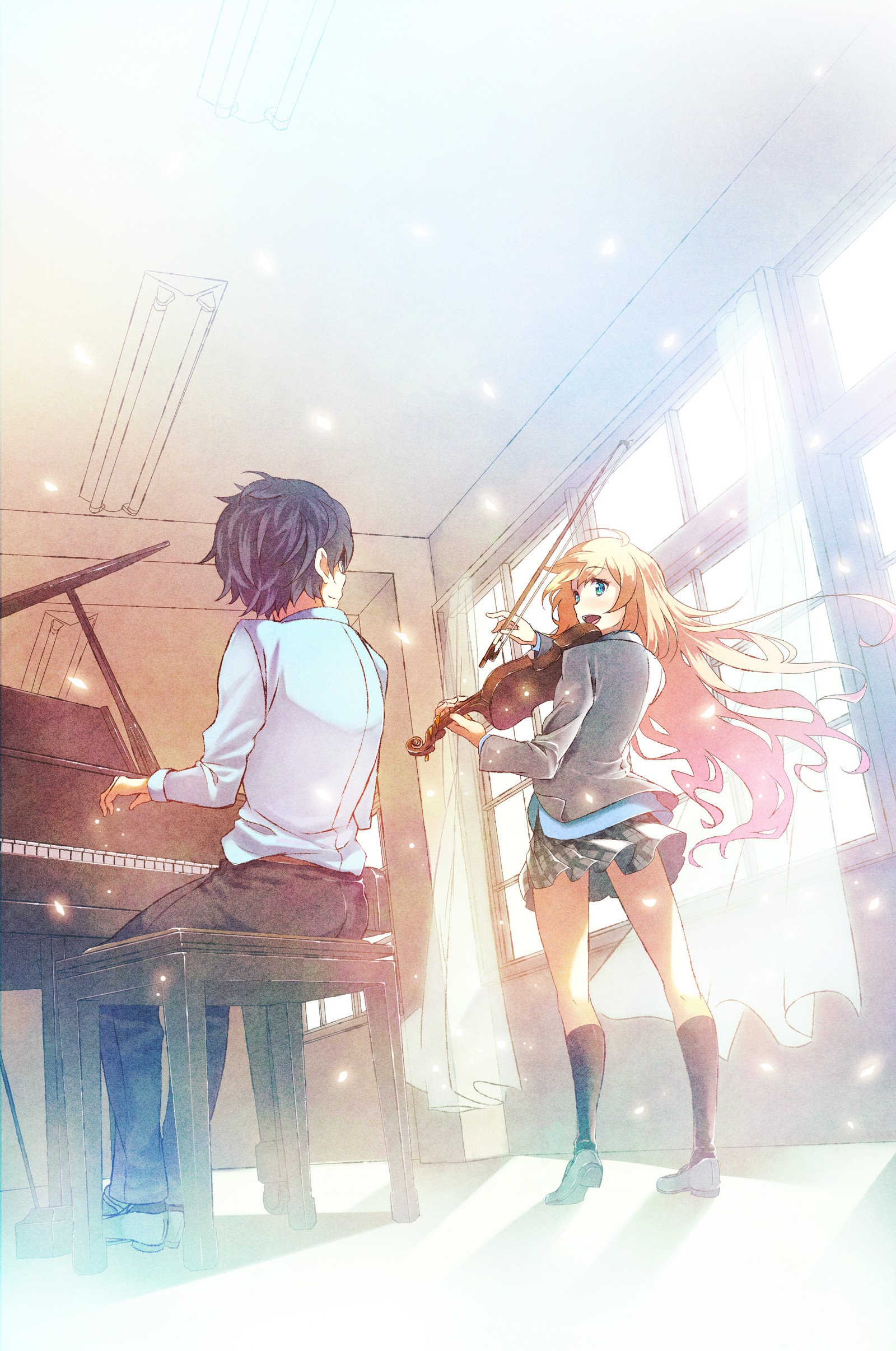 Imagem em estilo anime de um casal tocando violino e piano (anime, shigatsu wa kimi no uso, sua mentira em abril, your lie in april)