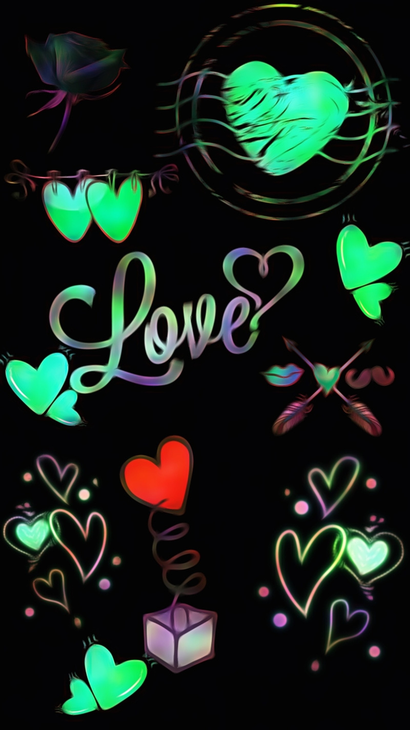 A close up of a bunch of different colored hearts (black, green, hearts, love, neon)