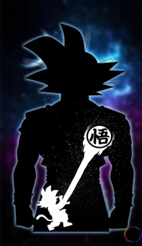 Silhouette de un poderoso personaje de anime con una pequeña figura empuñando energía, contra un fondo cósmico.