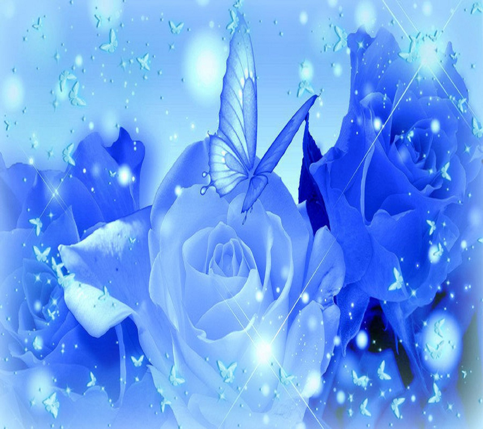 There are two blue roses with a butterfly on them (blue, roses)