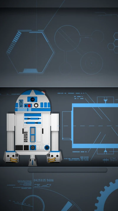 R2-D2: Ikonisches Droiden-Design vor einem futuristischen Blueprint-Hintergrund