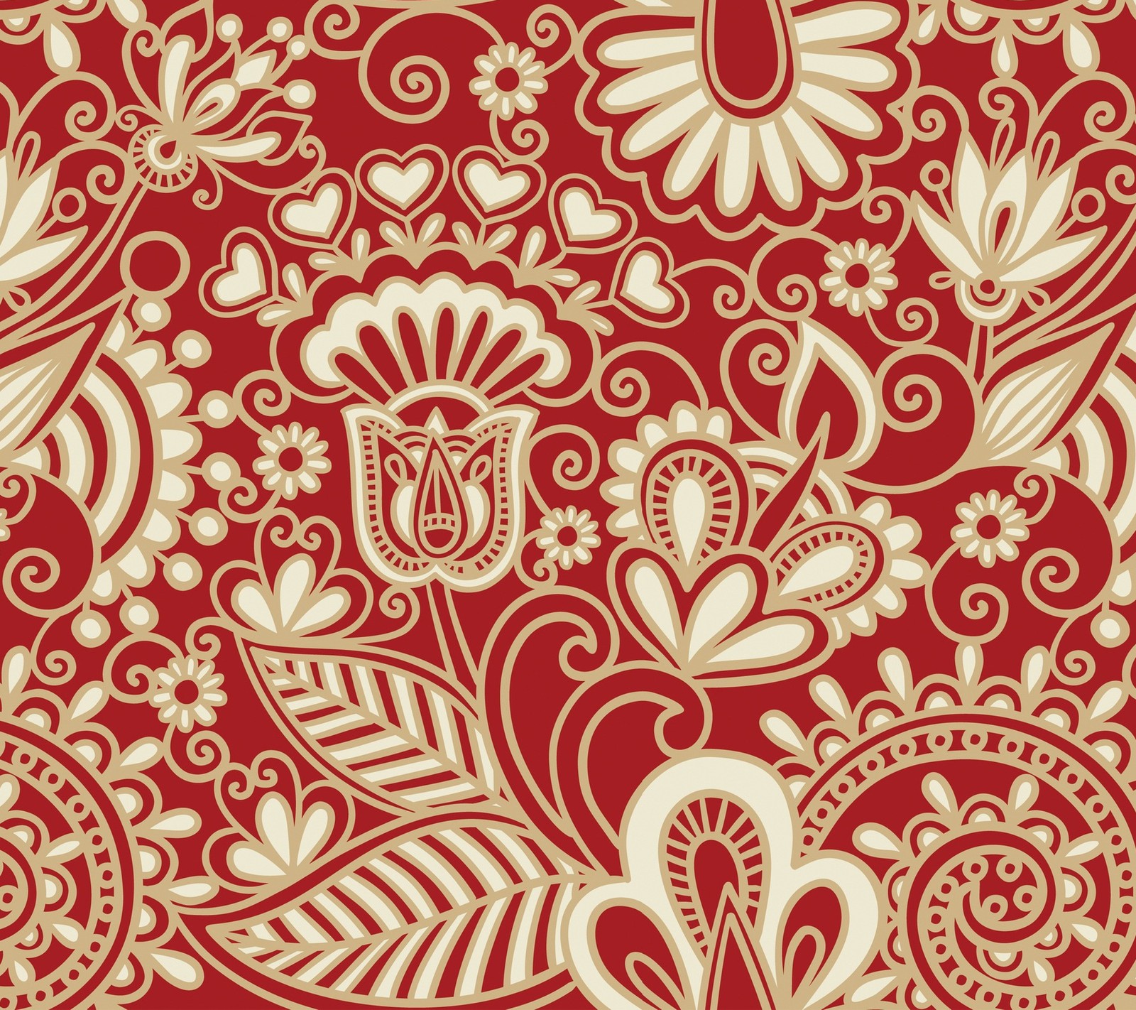 A red and white floral pattern with a lot of leaves (folk, pattern, russian)