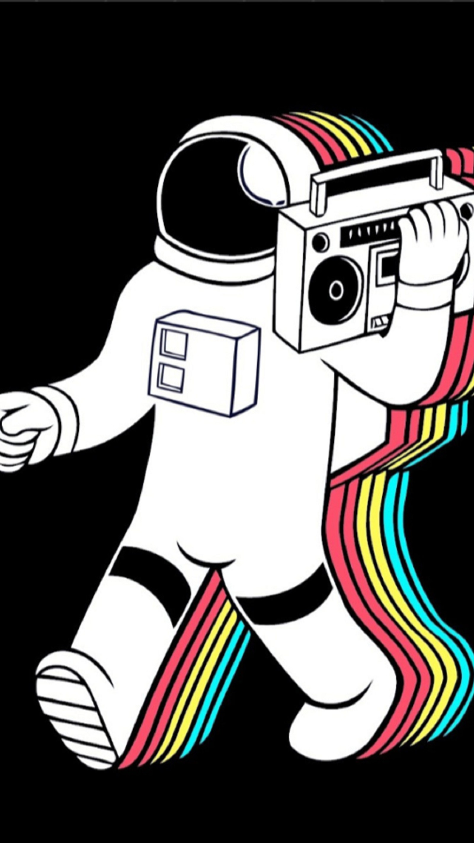 Um astronauta branco com um boombox e uma gravata listrada de arco-íris (arte, retrô)