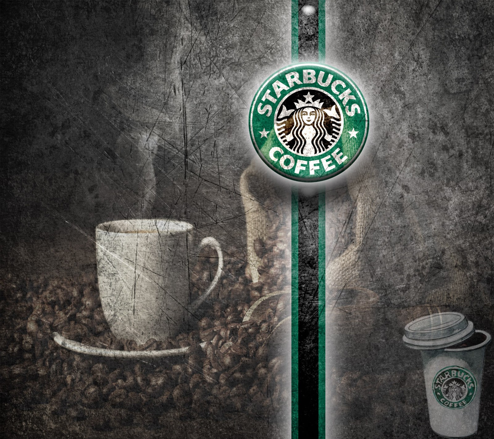 Starbucks coffee cup and a green starbucks sign on a wall (bean, black, coffee, cup, green)