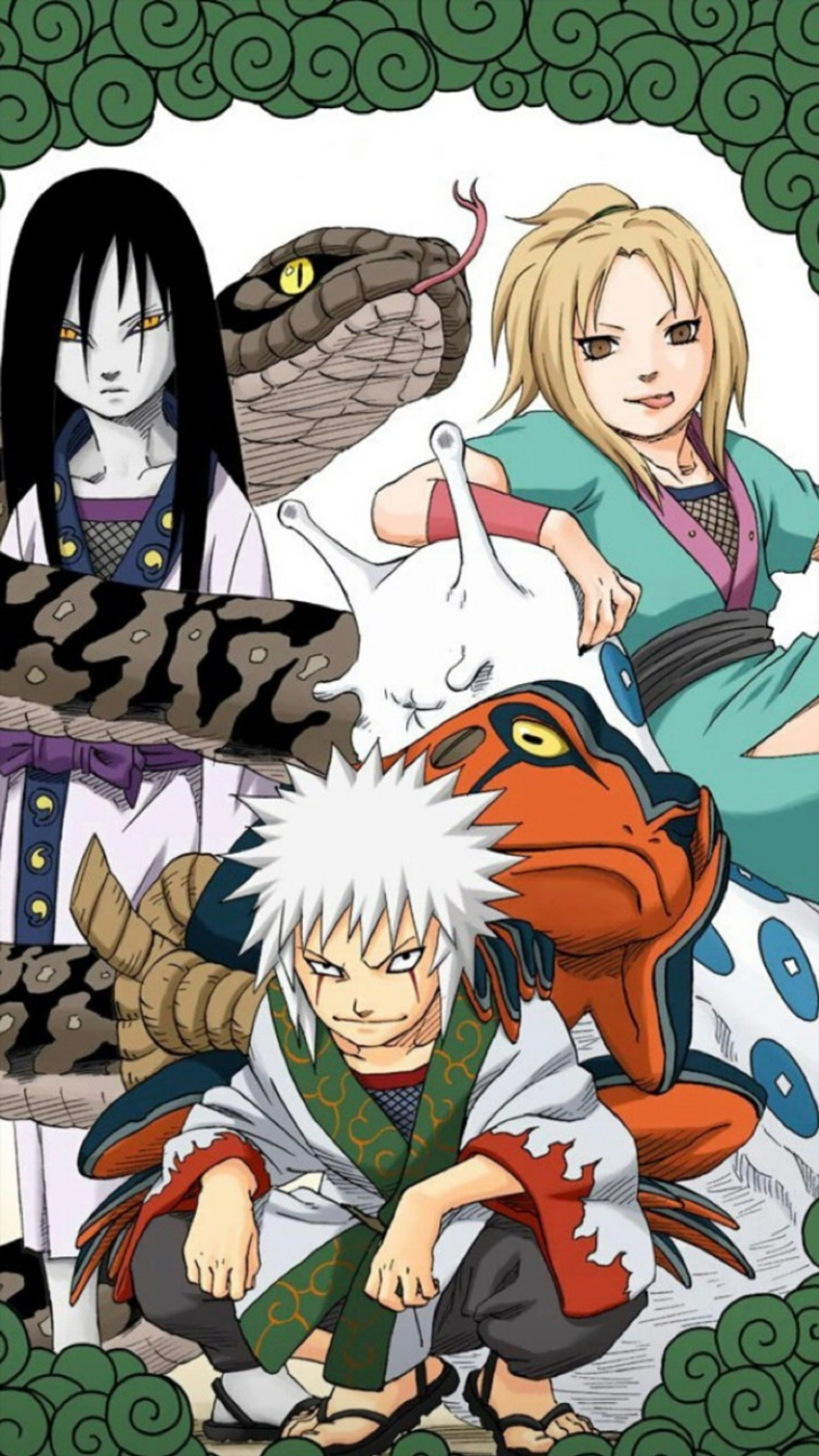 Um grupo de personagens de anime sentados em uma cama (jiraiya, naruto, naruto shippuden, orochimaru, sannin)