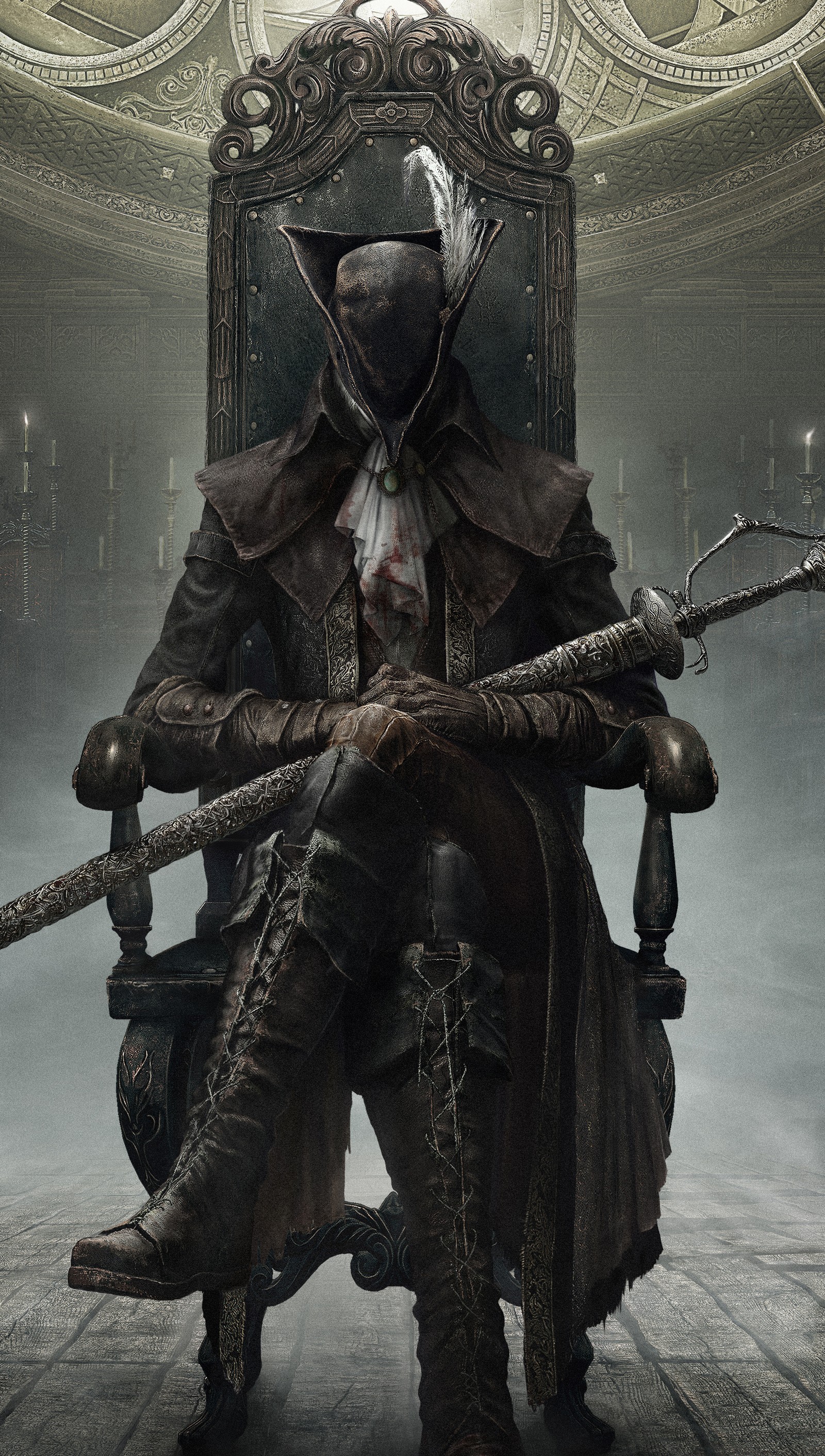 Una imagen de un hombre sentado en una silla con una espada (astral, sangre, bloodborne, borne, dama)