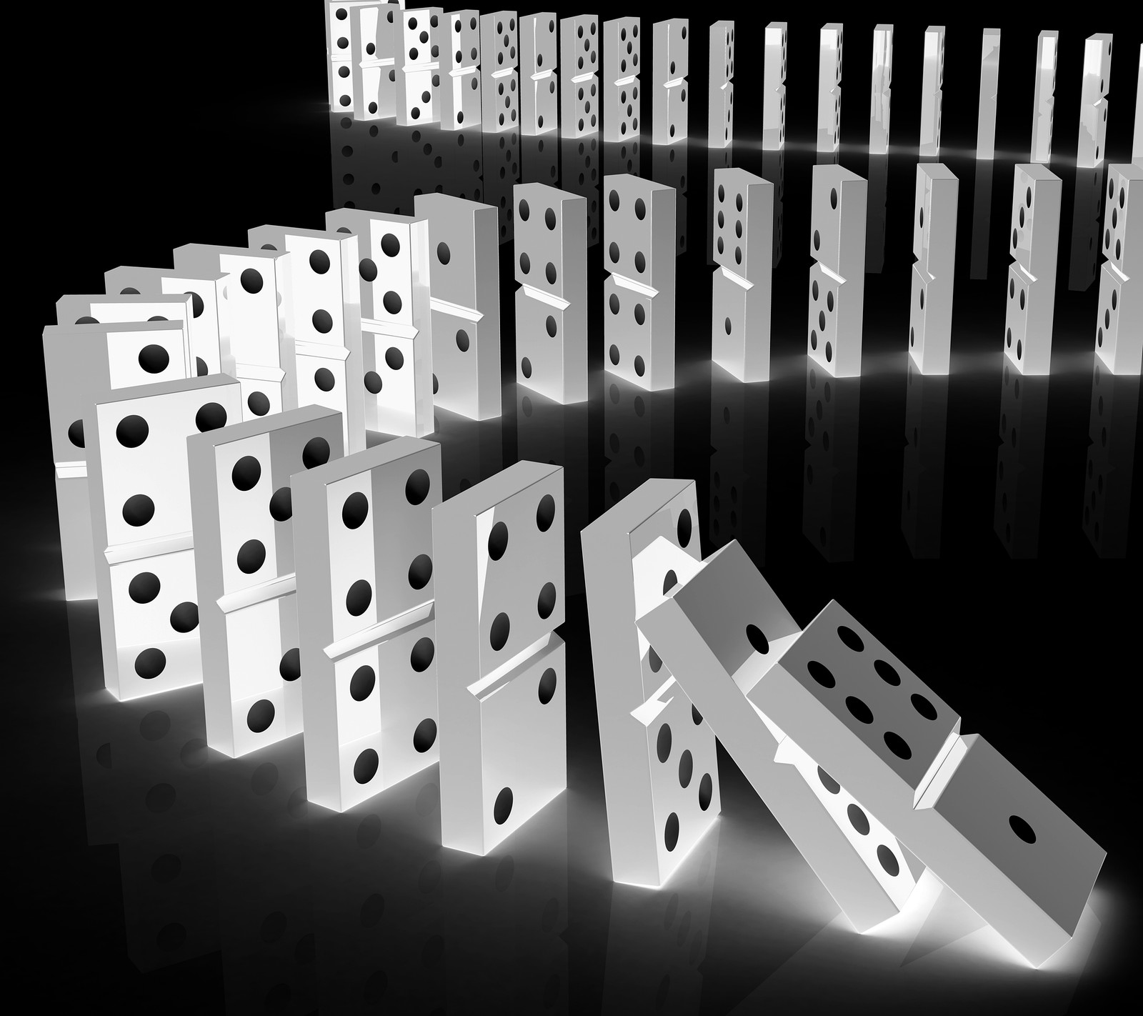 A close up of a group of dominos on a black surface (3d, domino, dot)