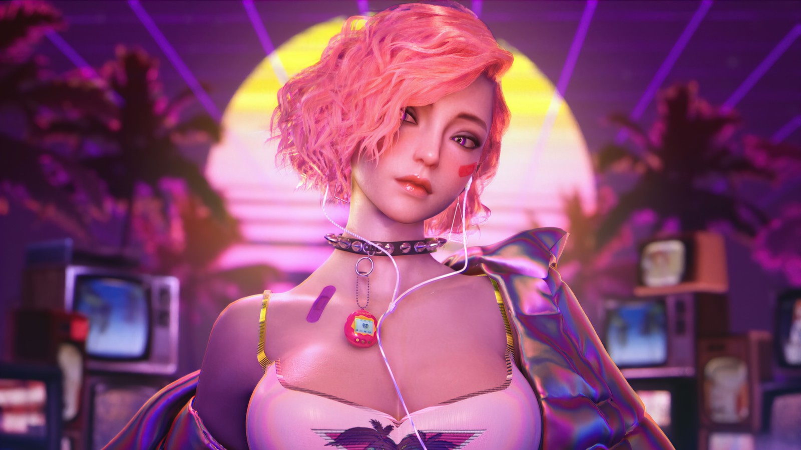 A woman with pink hair and a pink top is standing in front of a tv (vaporwave, synthwave, retrowave, girls, digital art)