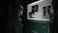 A character examines X-rays in a dimly lit room, surrounded by eerie shadows and a skeleton, evoking the unsettling atmosphere of Silent Hill 2.