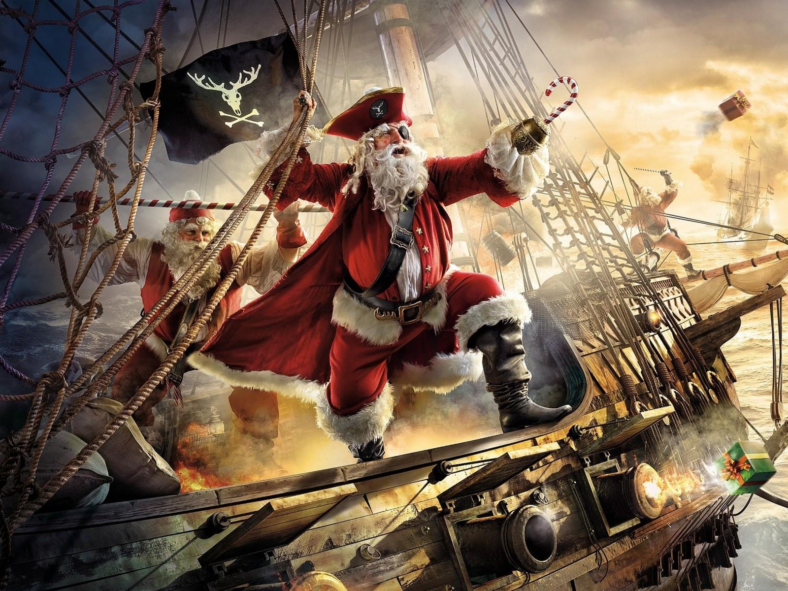 Papá noel vuela sobre un barco con una bandera pirata (papá noel, piratería, pc game, regalo de navidad, navidad)