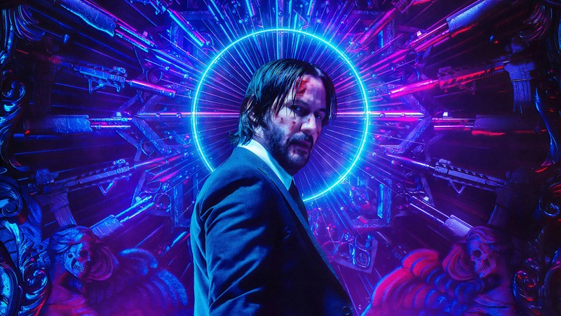 Мужчина в костюме и галстуке стоит перед неоновым светом (джон уик 3, john wick 3, джон уик парабеллум, фильм, киану ривз)