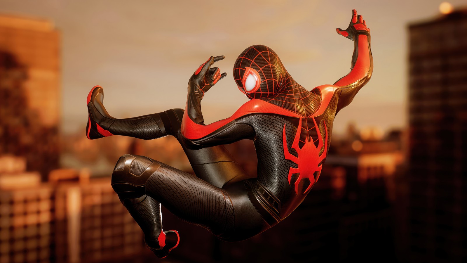 Spider-man en costume noir et rouge vole dans les airs (miles morales, marvel spider man 2, marvels spider man 2, jeu vidéo, marvel)