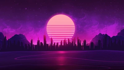 закат, город, киберпанк, synthwave, ретровейв