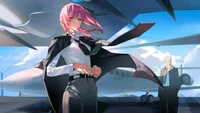 Makima from Chainsaw Man in a dynamic pose, set against a dramatic sky and aircraft backdrop.