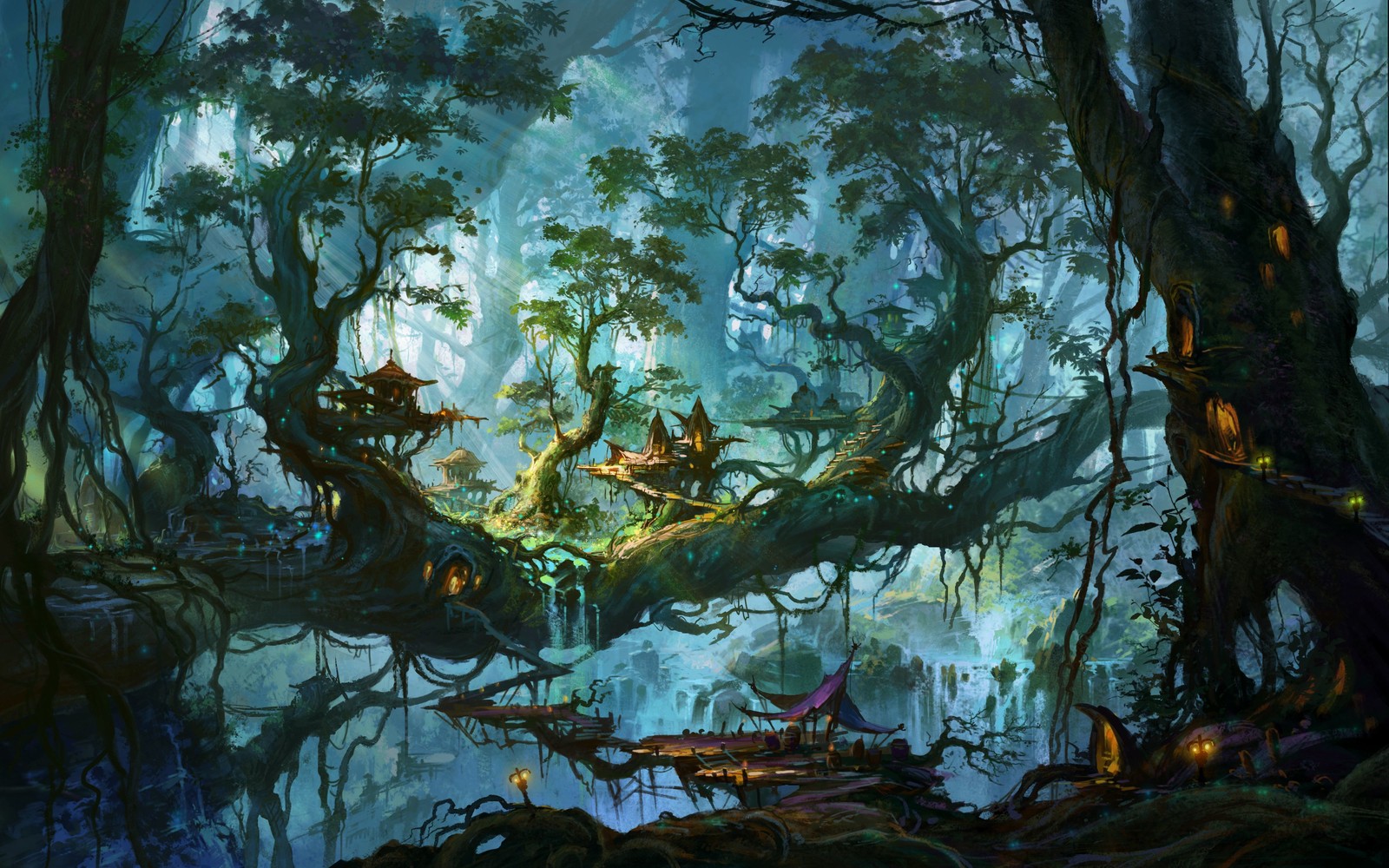 Uma pintura de uma floresta de fantasia com um barco na água (fantasia, árvore, bayou, pântano, floresta)