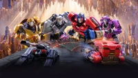 Transformers Um: Orion Pax, B-127 Bumblebee, Elita Um, D-16 Megatron em um Confronto Dinâmico