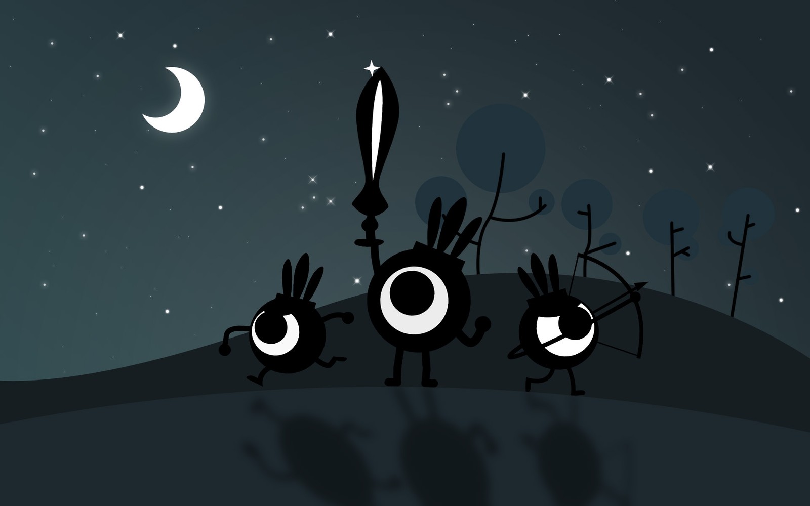 Three cartoon rabbits are standing in the middle of a field (patapon, night, font, sky, black)