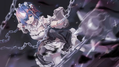 Rem from Re:Zero, the Morning Star, fiercely wielding chains in a dramatic battle scene.