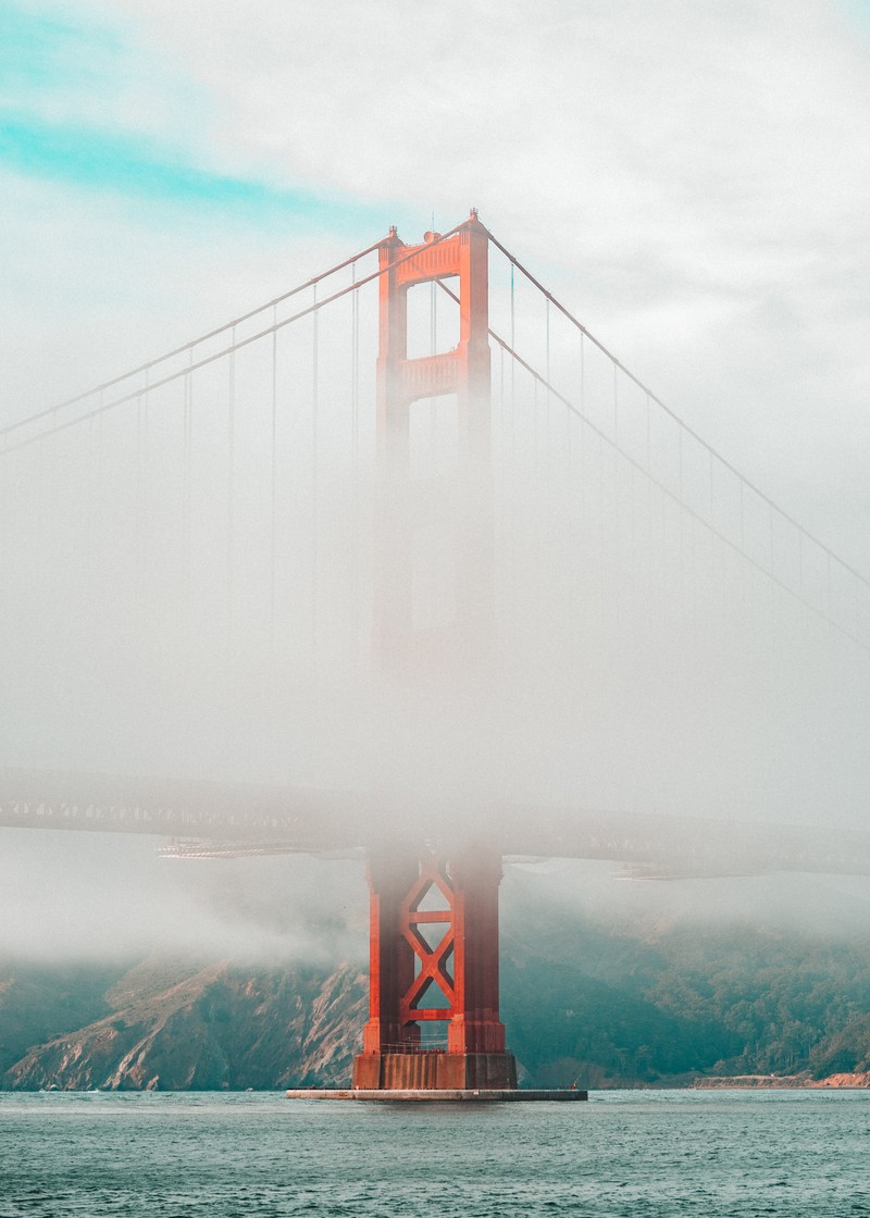 Арабский вид на мост с лодкой в воде (мост золотые ворота, golden gate bridge, мост, вода, туман)