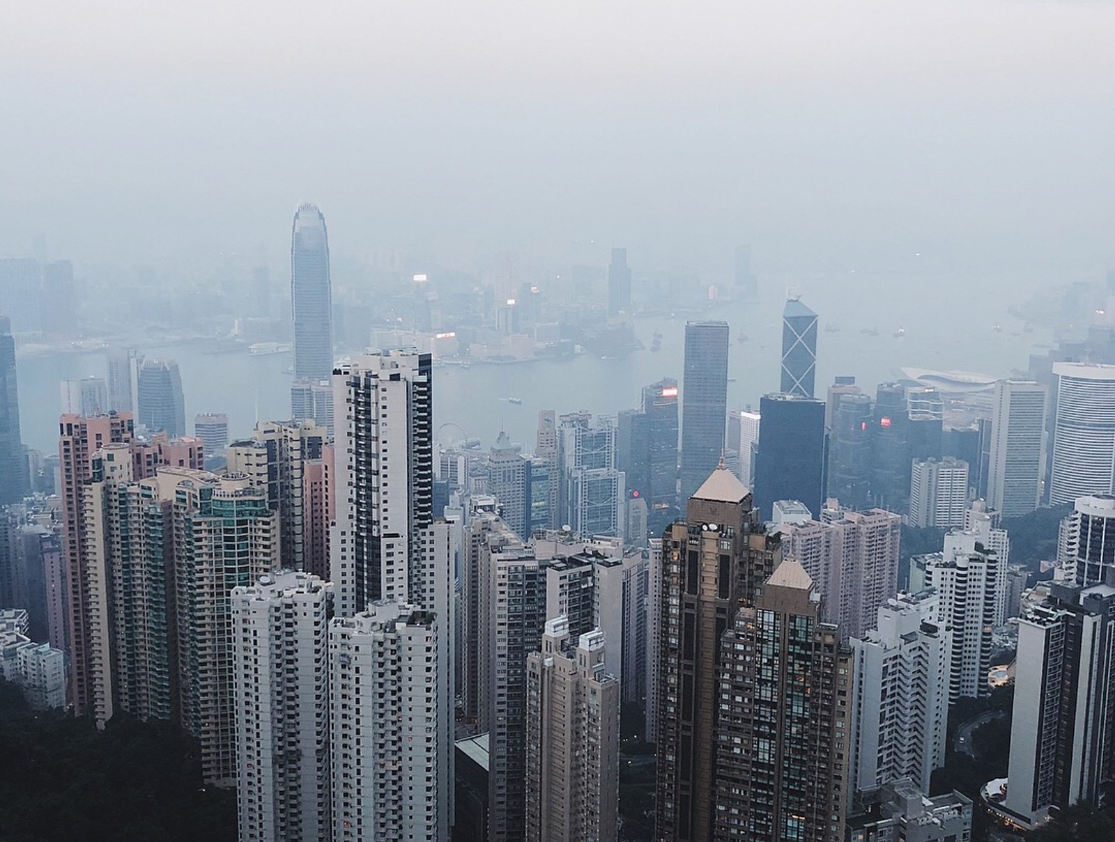 Vista aérea de uma cidade com altos edifícios e um corpo d'água (hong kong, victoria peak, peak tower, bloco de torre, dia)