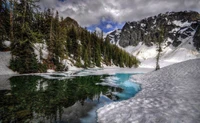 Schneebedeckte Wildnis mit ruhigem See und majestätischen Bergen