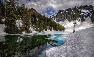 Snow-Covered Wilderness with Tranquil Lake and Majestic Mountains