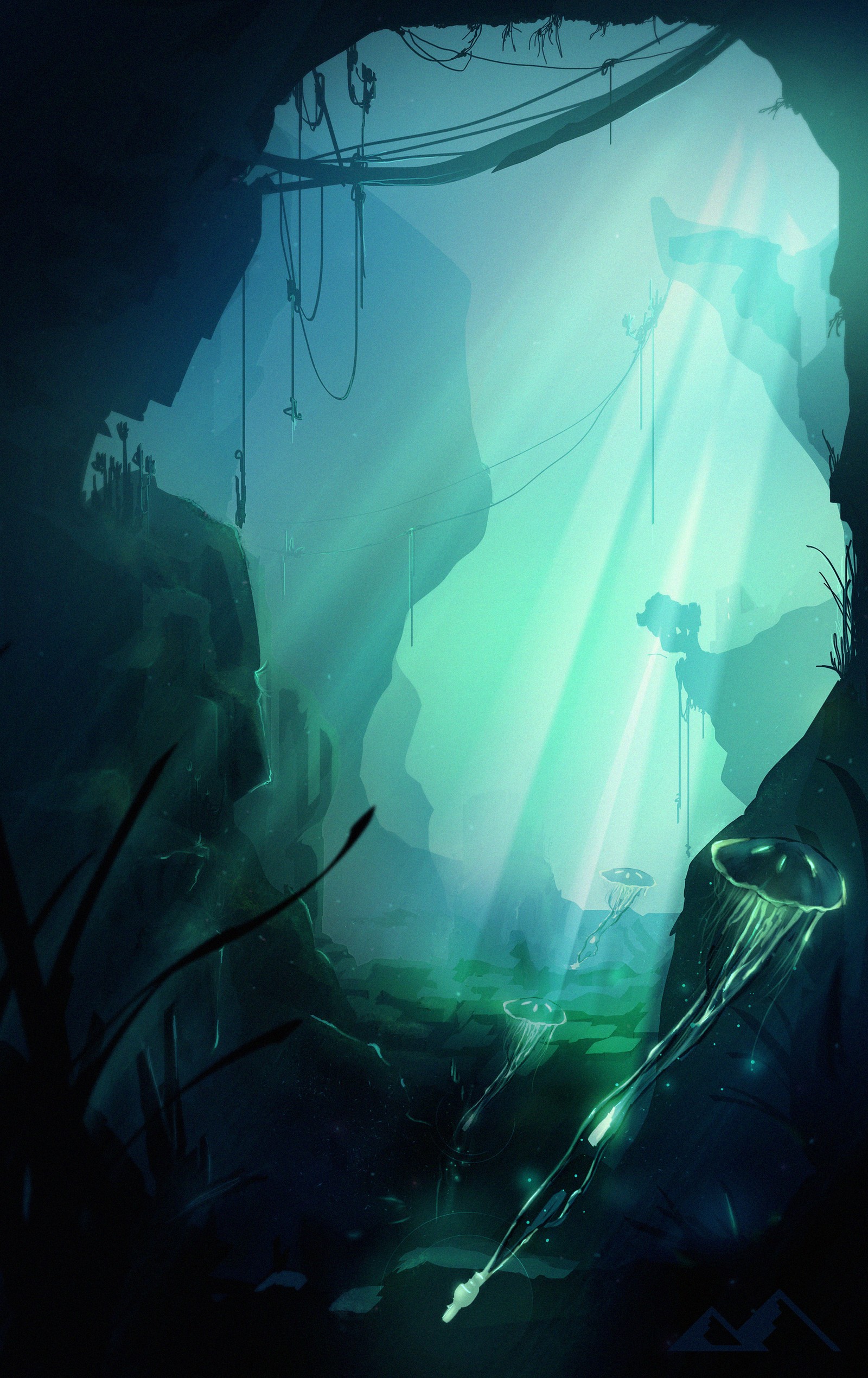 There is a picture of a cave with a light coming from it (digital art, water, digital painting, darkness, illustration)