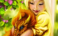 Une fille aux longs cheveux blonds tient affectueusement un petit dragon au milieu de pétales en fleurs dans un cadre vert vibrant.