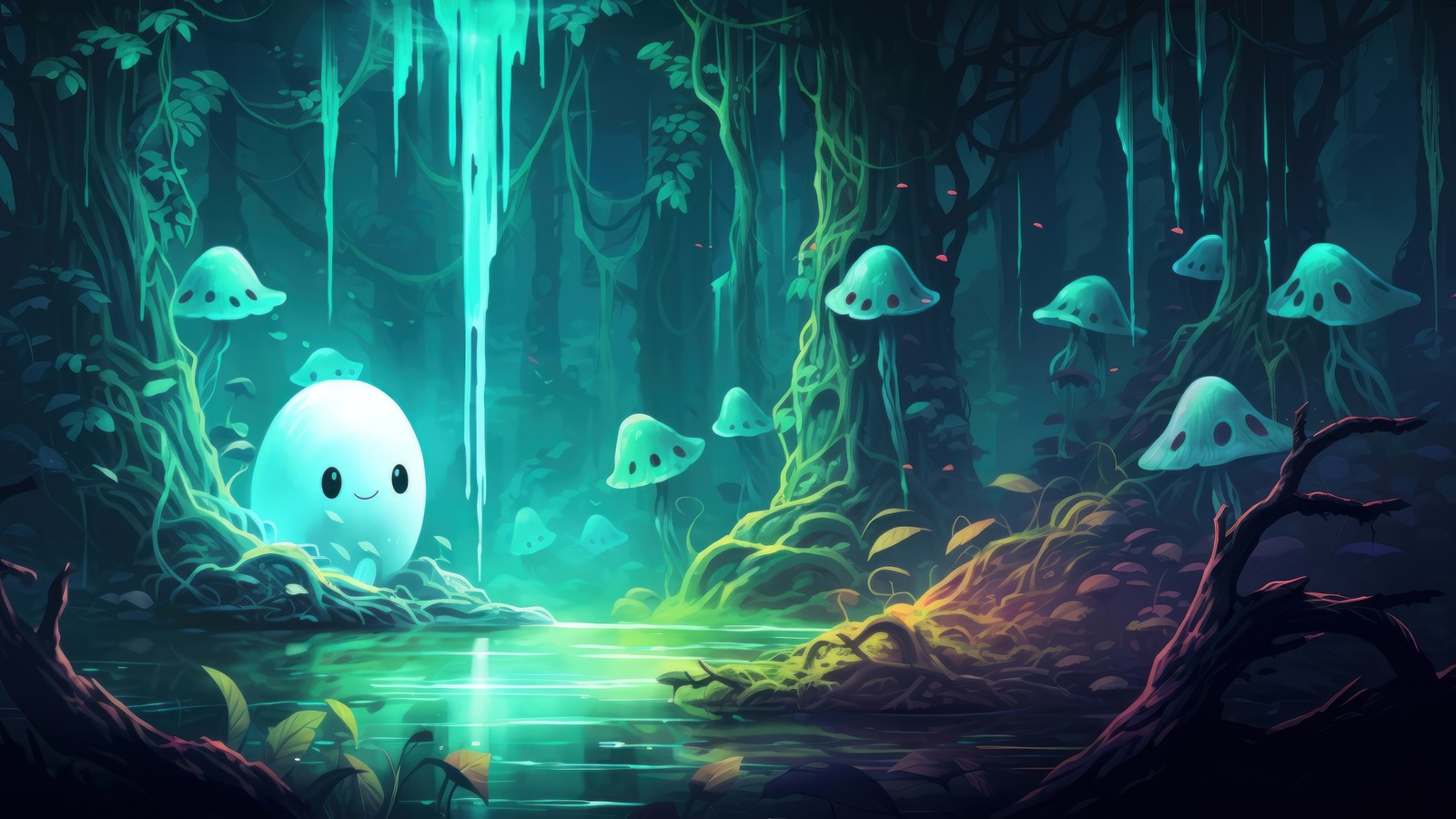 A painting of a ghost in a forest with a waterfall (cute, ghost, halloween, holiday, forest)