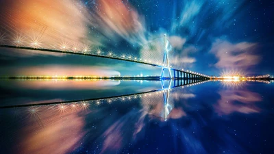 Réflexions nocturnes d'un pont étoilé