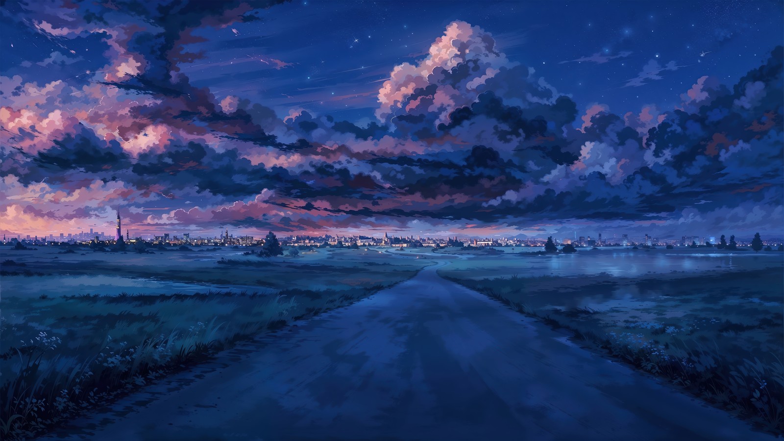 Anime, paisagem, noite, céu, nuvens, estrada, cidade, campo, paisagem urbana (paisagem urbana, horizonte, estrada, céu, nuvens)