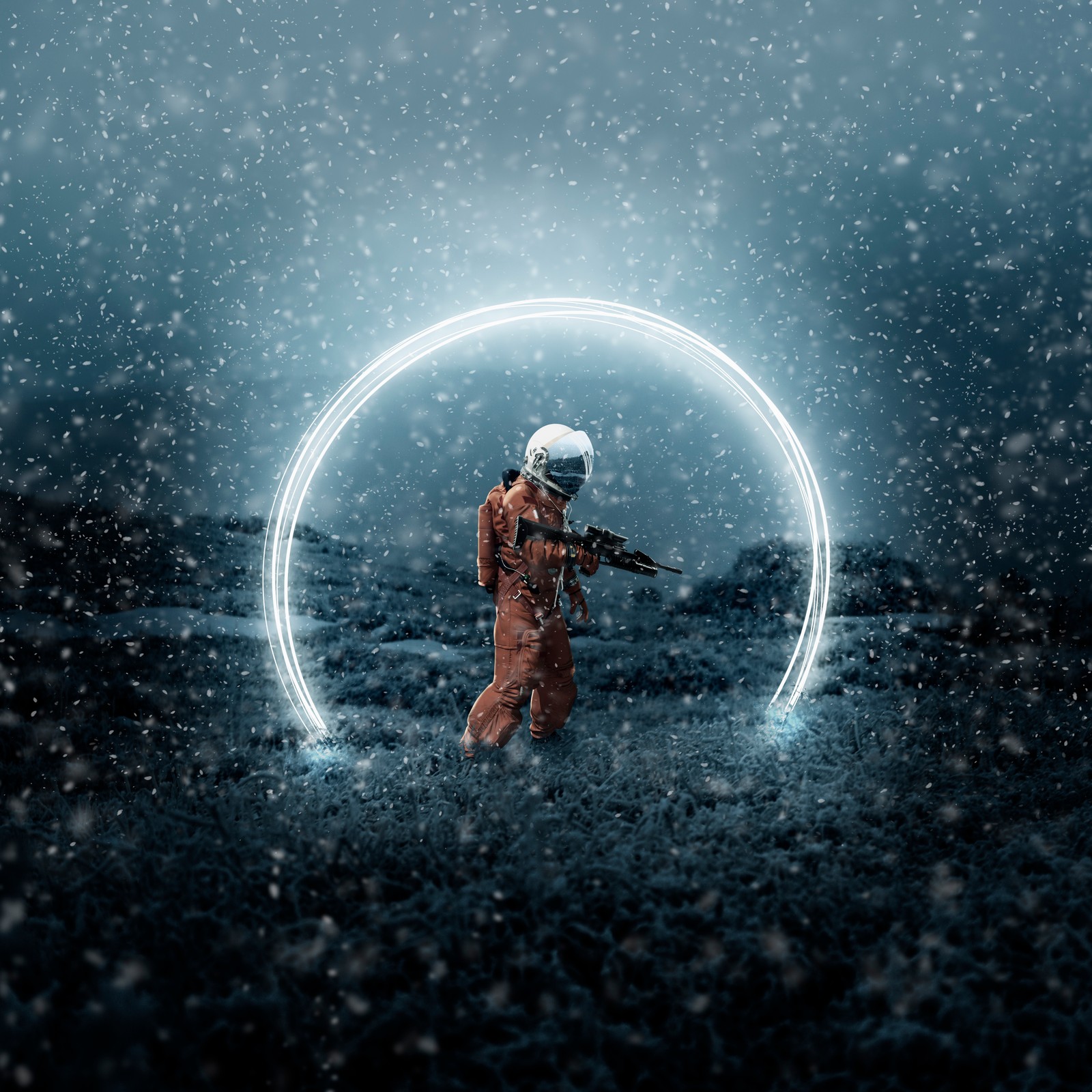 astronaut, creative, space suit, snow, orange Download Wallpaper