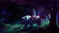 Tyrande Susurro Viento montando un tigre blanco en un bosque nocturno místico