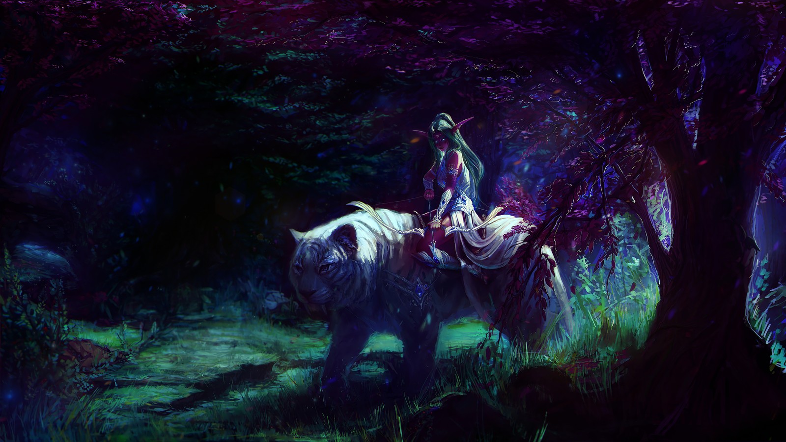 Une peinture d'une femme chevauchant un cheval dans la forêt (tyrande whisperwind, world of warcraft, wow, jeu vidéo, fantaisie)