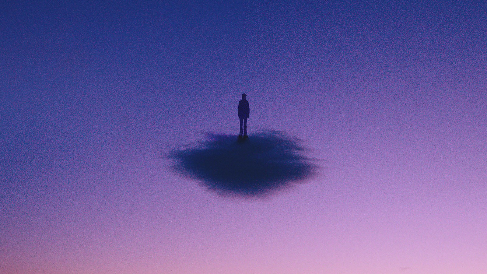 Image d'une personne debout sur un nuage dans le ciel (bleu, violet, atmosphère, calme, nuage)