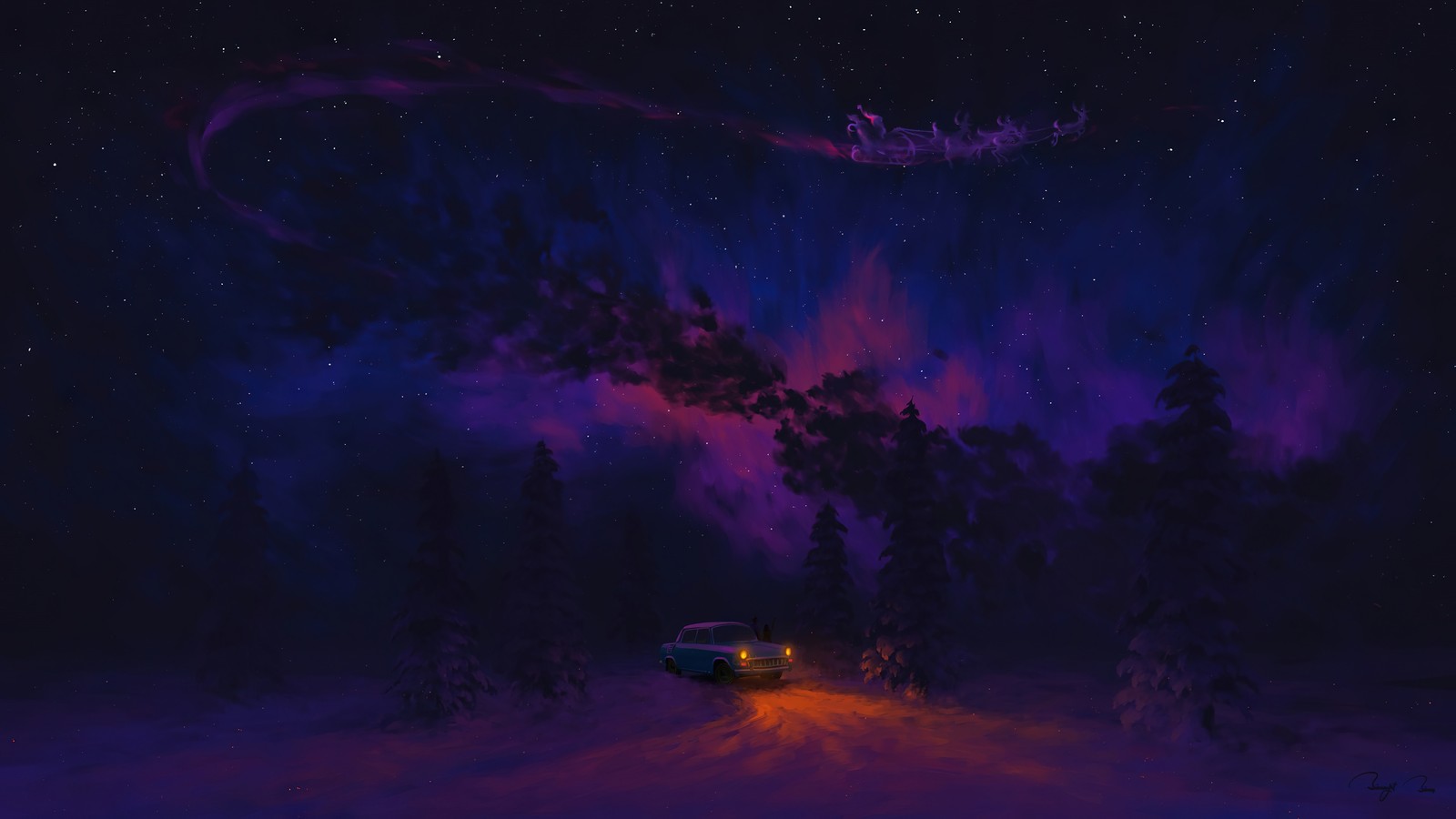 Un coche conduciendo a través de un bosque nevado bajo un cielo morado y azul (papá noel, trineo, noche, navidad, festivo)