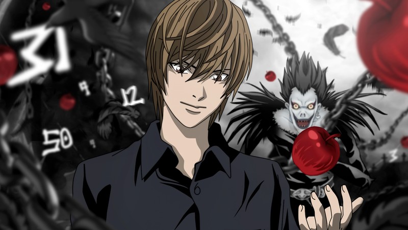 Мужчина держит яблоко в руке с жутким лицом (тетрадь смерти, death note, лайт ягами, light yagami, фан арт)