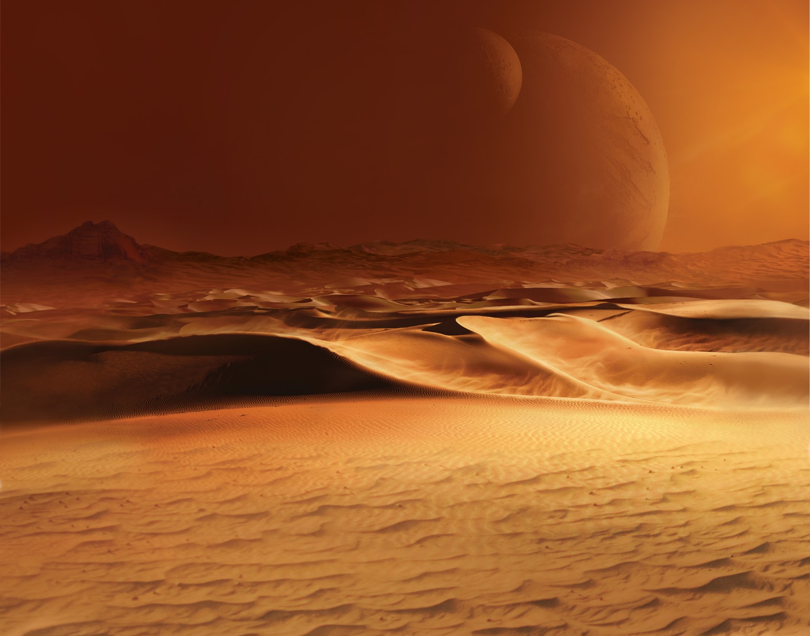 Une vue d'un désert avec une planète lointaine au loin (dune, désert, films de 2021, 2021 movies, affiche imax)