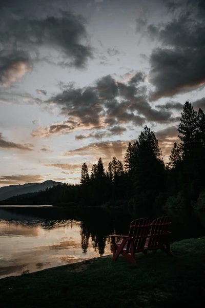 Noite tranquila à beira do lago: reflexos de árvores e nuvens ao crepúsculo