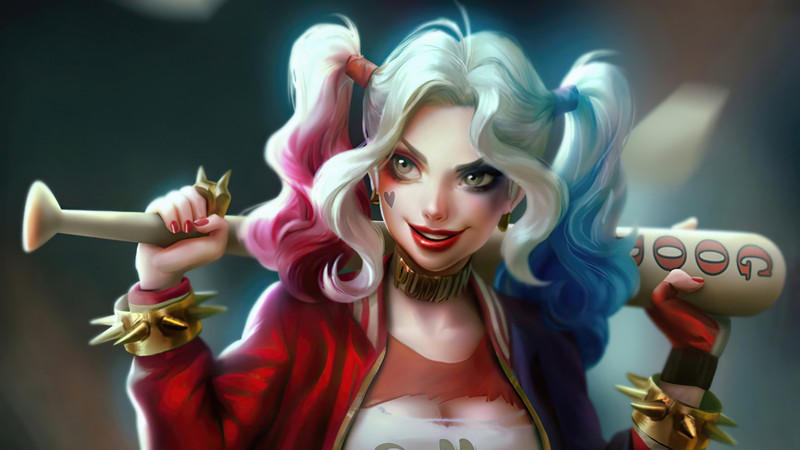 Крупный план женщины с бейсбольной битой и футболкой (harley quinn, комиксы, летучая мышь)